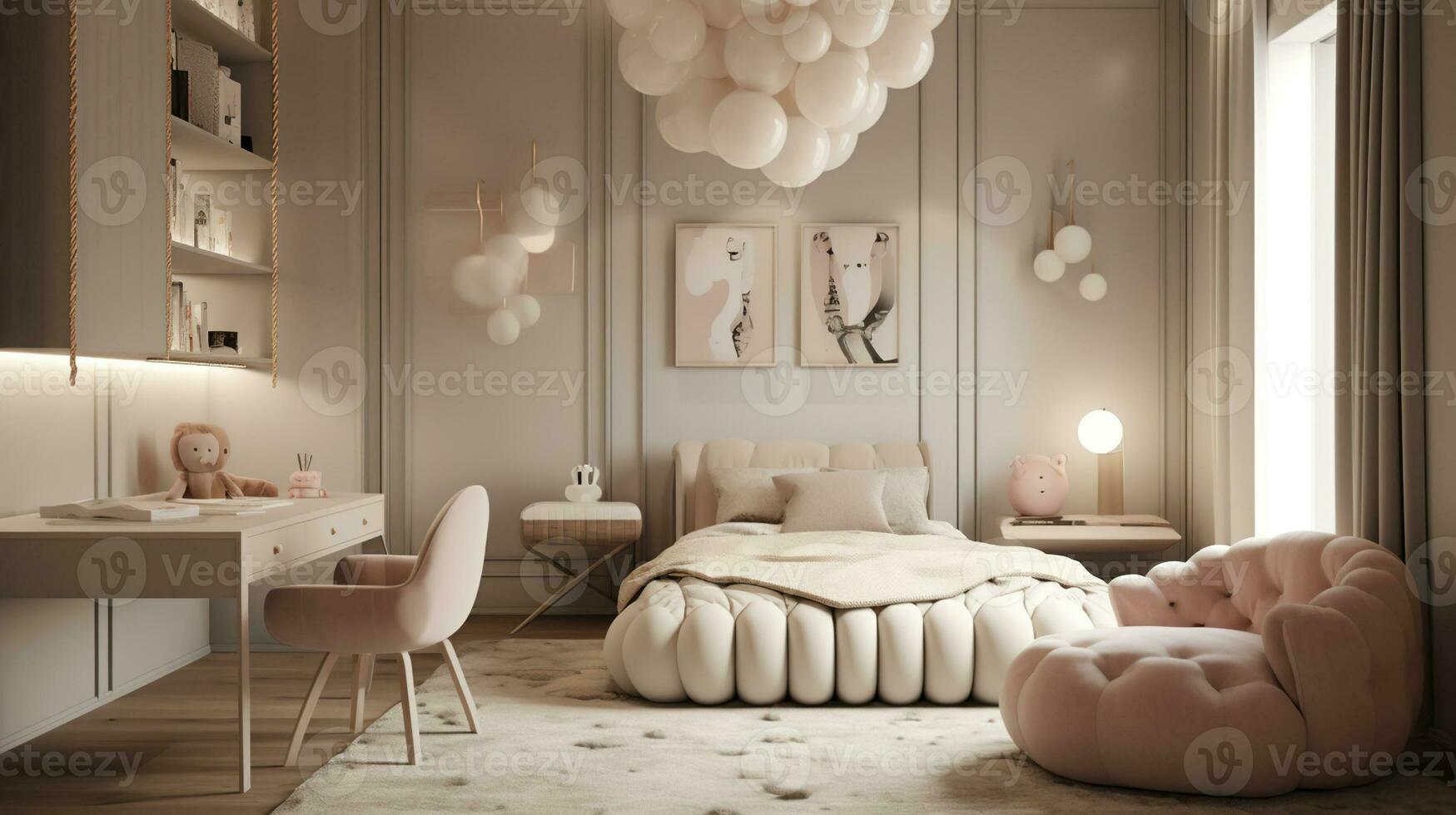 Cinematic, hyper realistic render of minimalist luxury kids bedroom villa. Generative AI photo