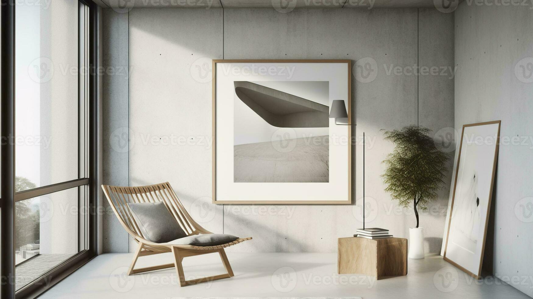 Highly detailed photography of a minimal interior with a picture frame mockup. Generative AI photo