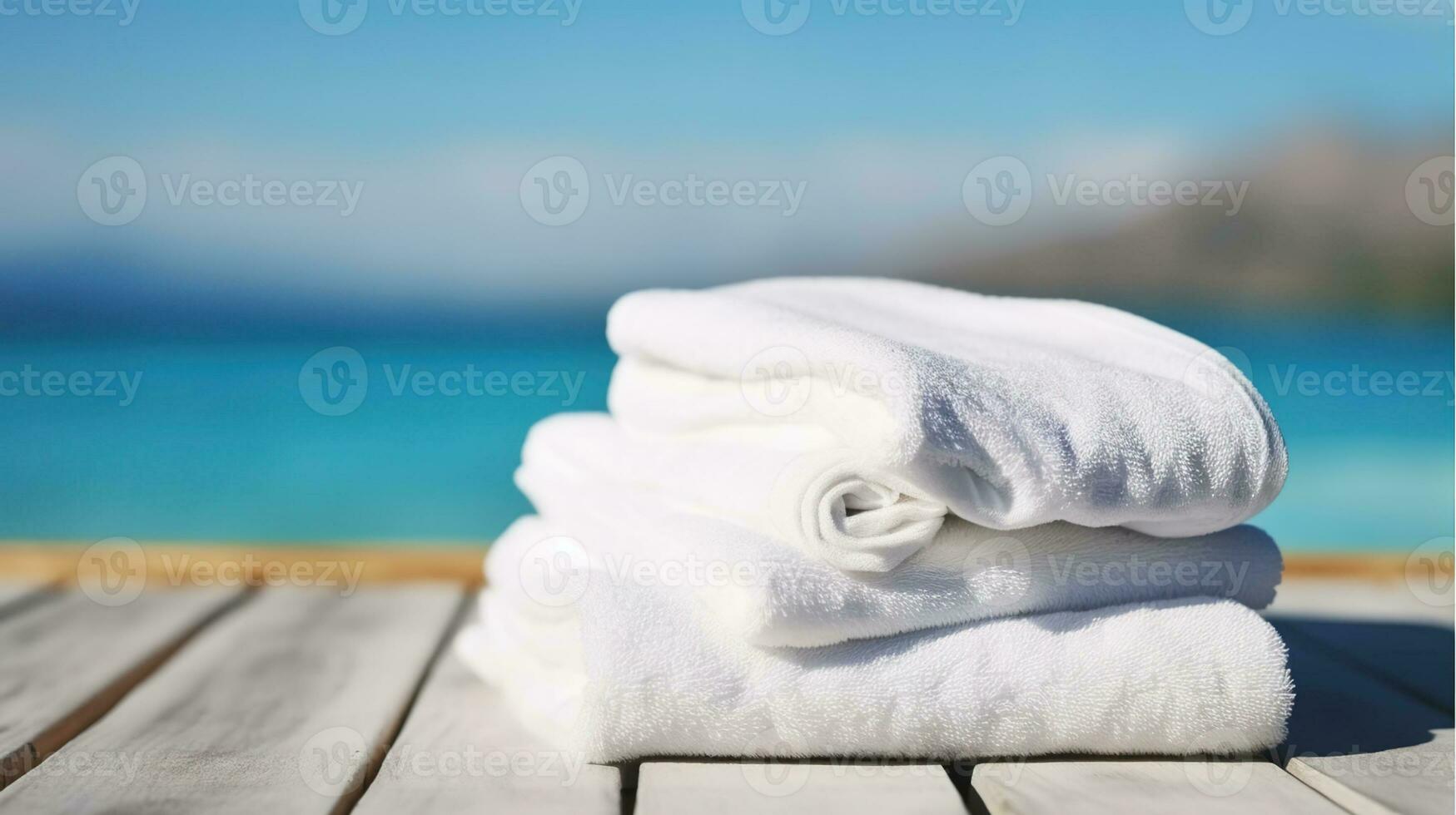 White beach towels on wood over blurred blue sea background, Generative AI photo