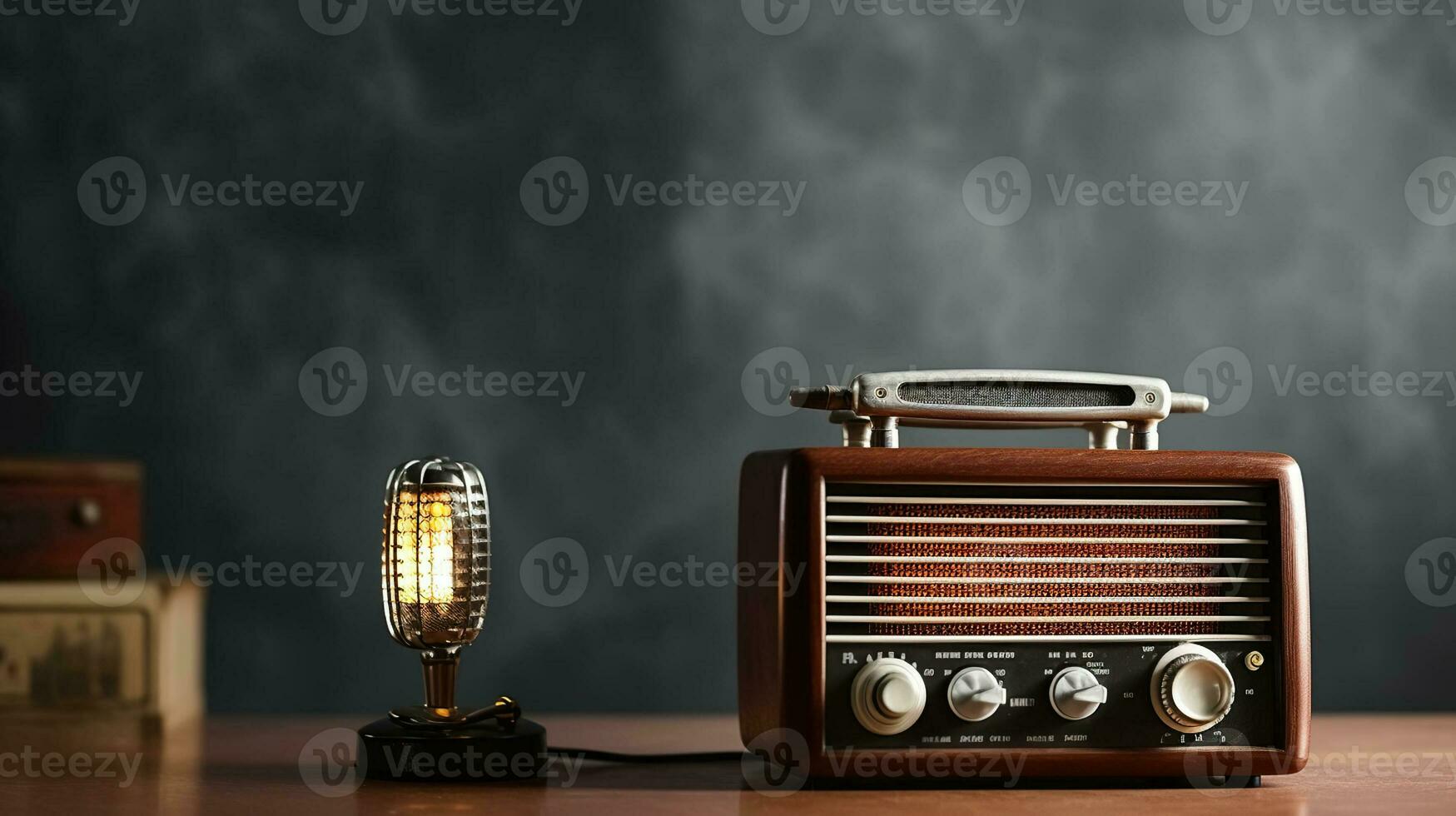 Retro radio and microphone on table against light wall. Generative AI photo