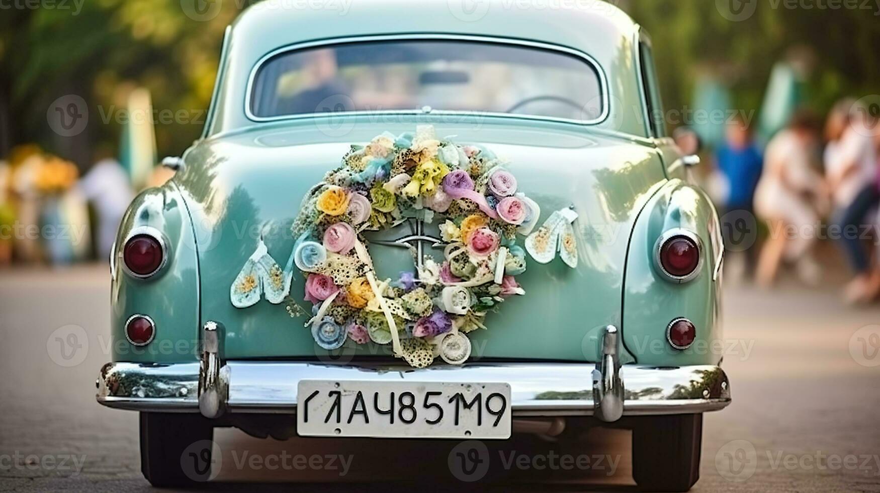 Wedding couple in car decorated and cans outdoors, Generative AI photo