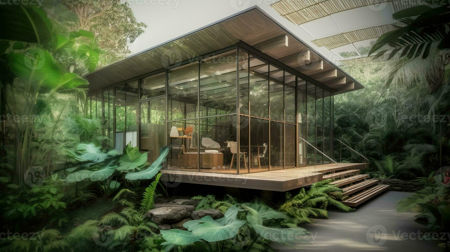Modern Glass House Blending Indoor and Outdoor Living in a Rainforest Oasis. Generative AI photo