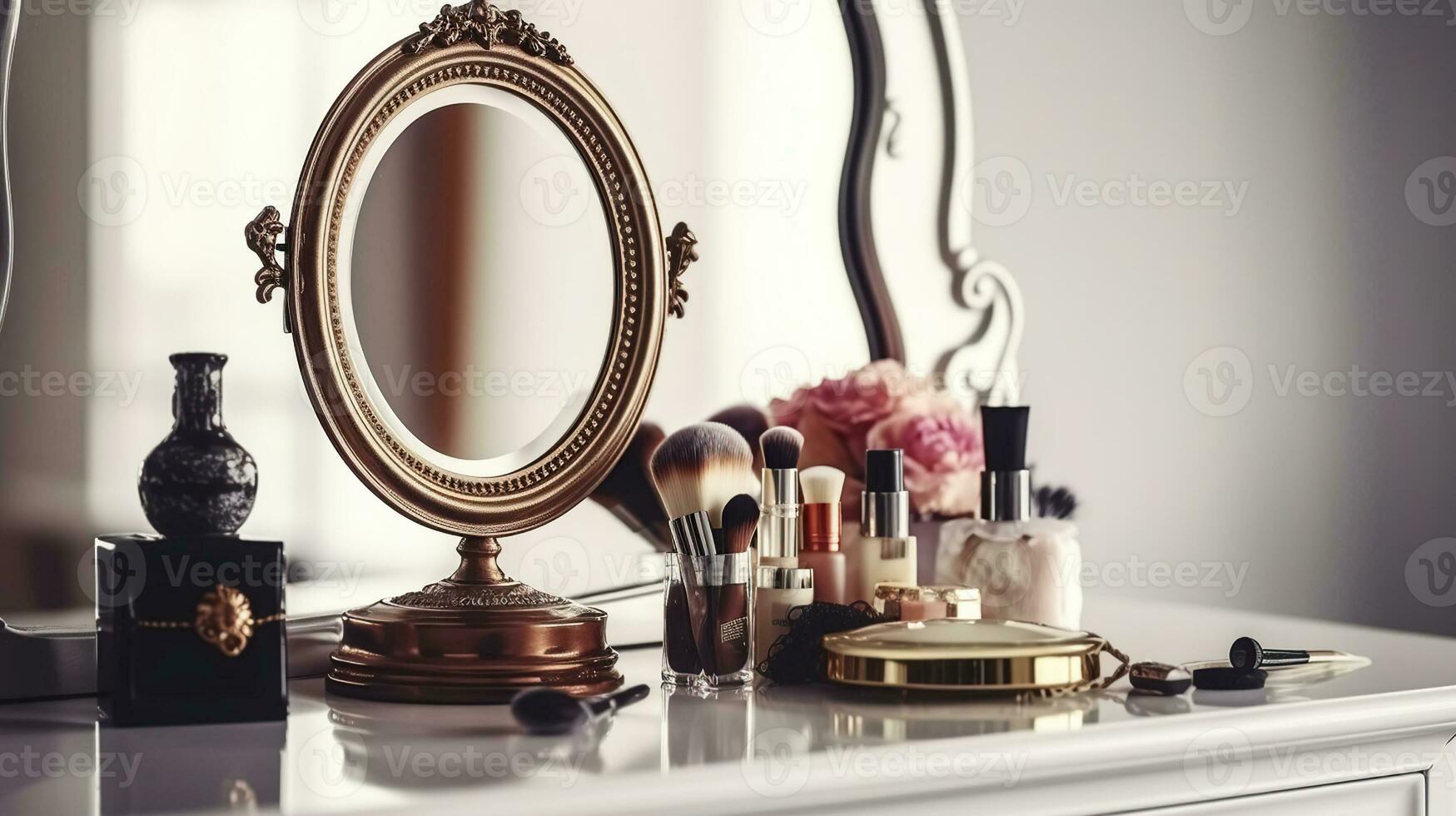 Set of cosmetics and vintage mirror on white table against light background. Generative AI photo