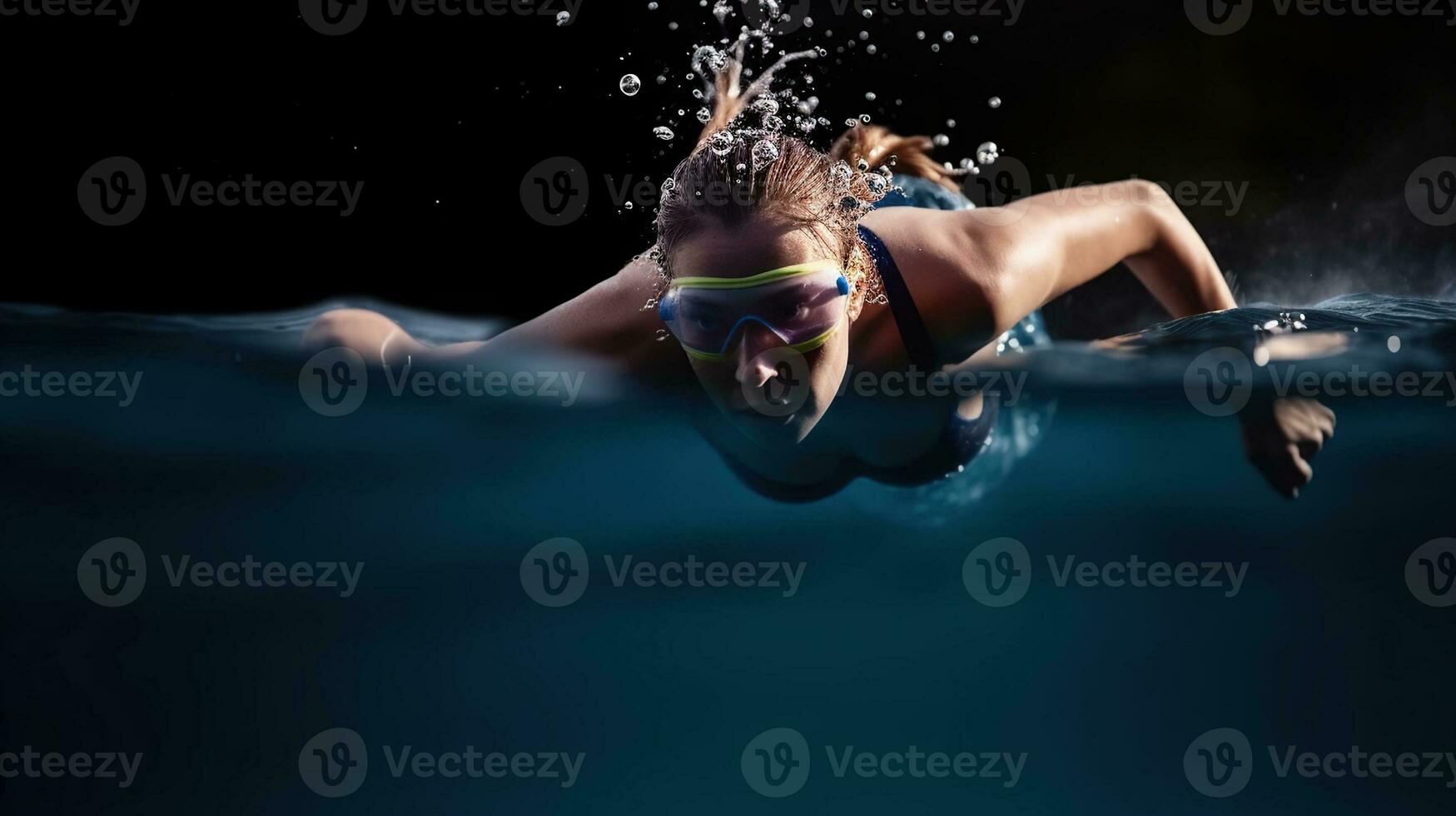 Professional Woman Swimmer on a wave. Generative AI photo