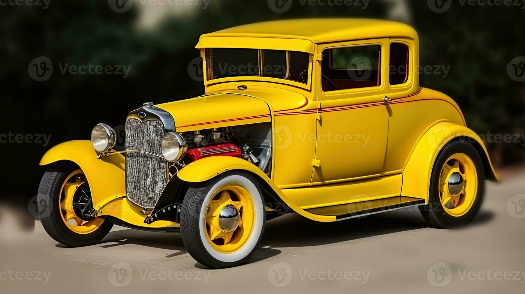 Retro, yellow hot-rod with wide whitewalled tires. Generative AI photo