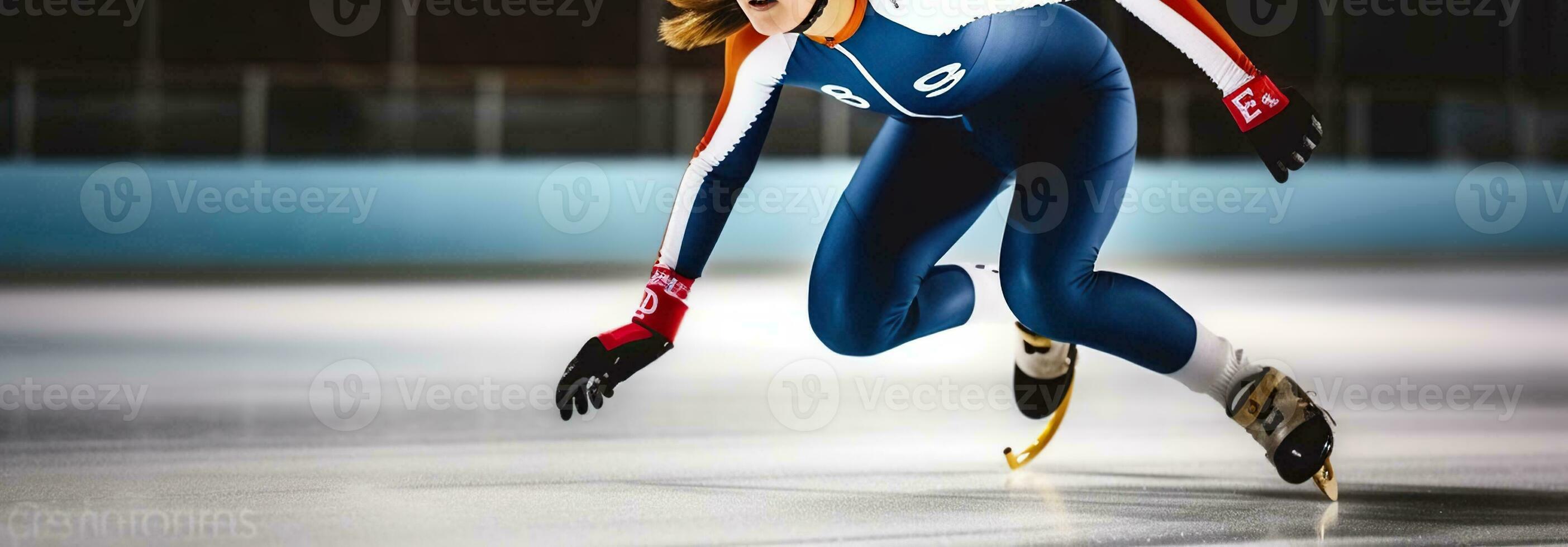 corto pista atleta dominante el hielo pista con rápido precisión. generativo ai foto