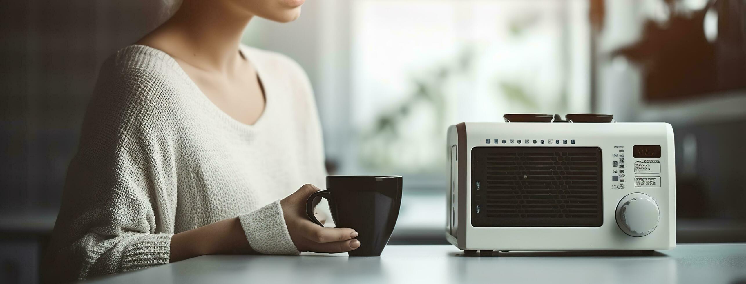 Young woman with cup of coffee listening to radio in kitchen, Generative AI photo