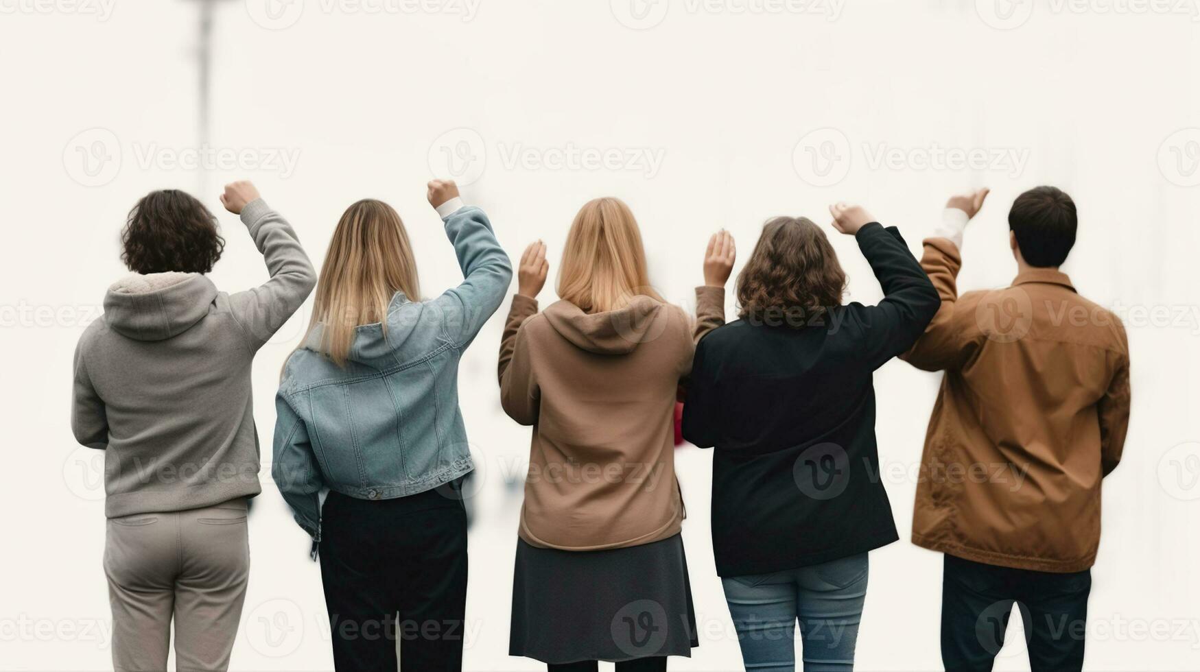 Protest and human rights concept - group of angry people protesting on demonstration over white background. Generative AI photo