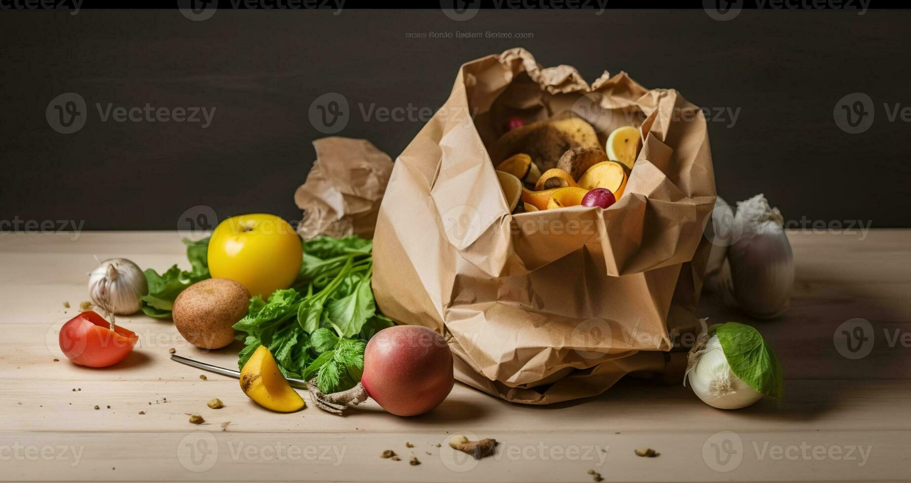 Composting concept - kitchen leftovers in paper bag, copy space. Generative AI photo