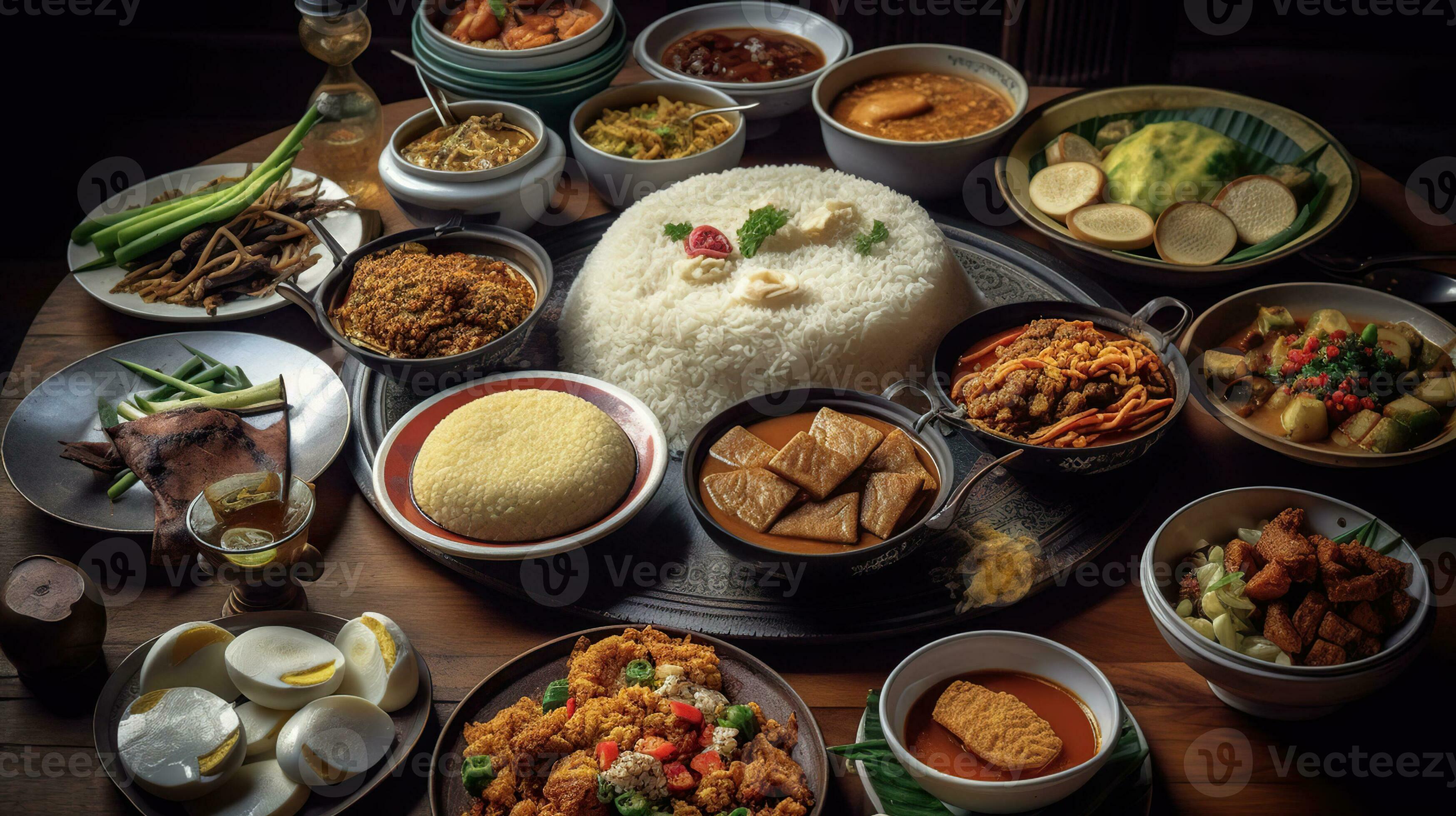 Table full of Indonesian dishes, padang style. Generative AI 29625367