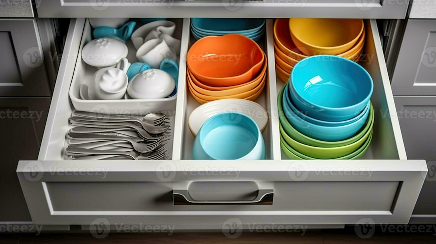 Set of tableware in kitchen drawers. Generative AI photo