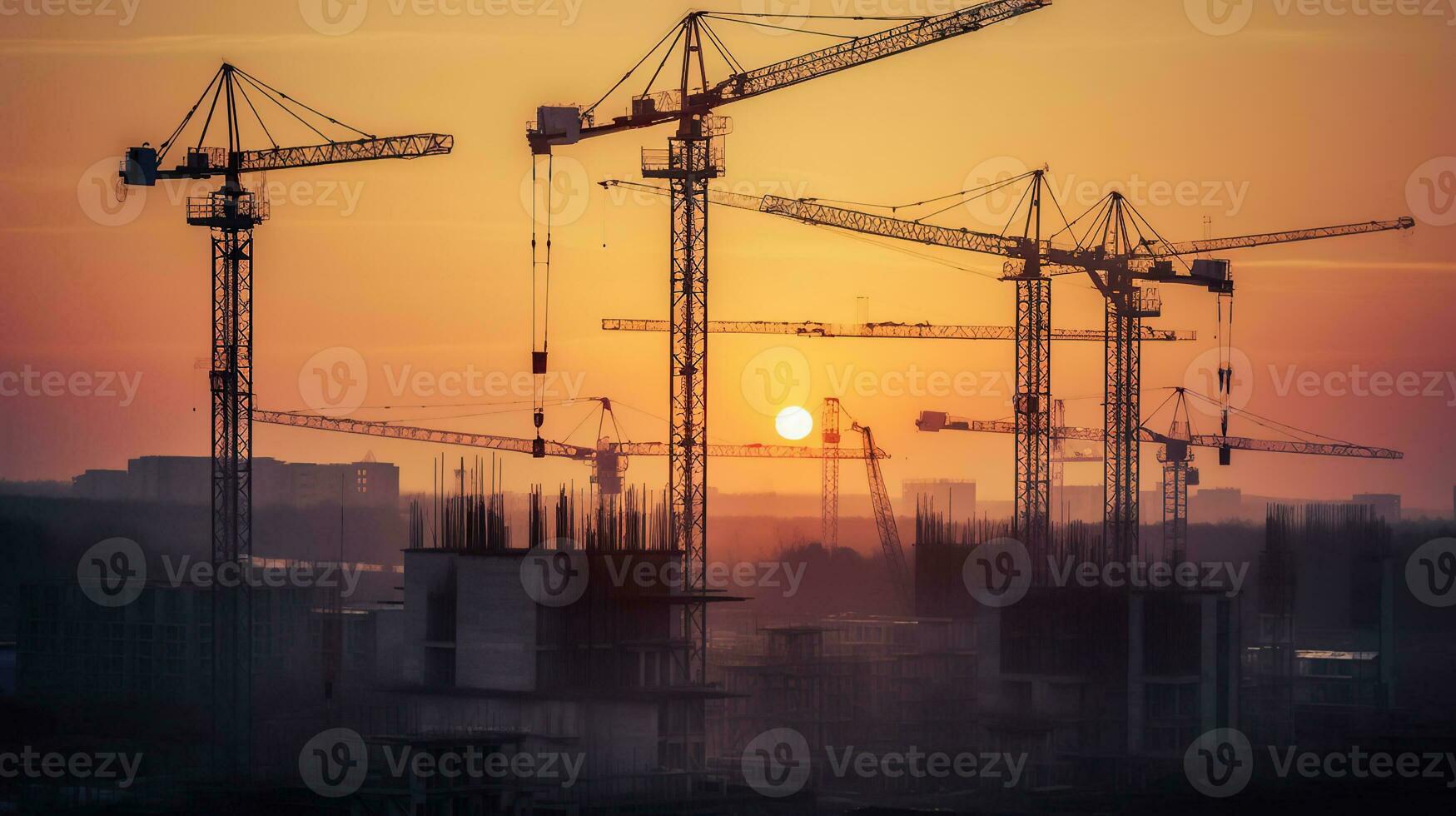 torre grúas a atardecer, revelando el belleza de un dinámica construcción sitio. generativo ai foto