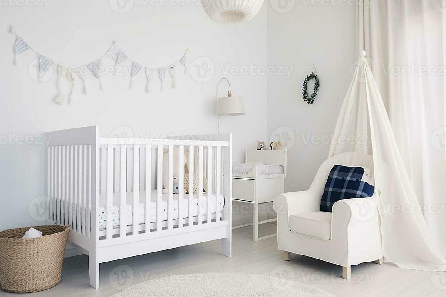 Unisex minimalist nursery with white crib and stylish decorations, Generative AI photo