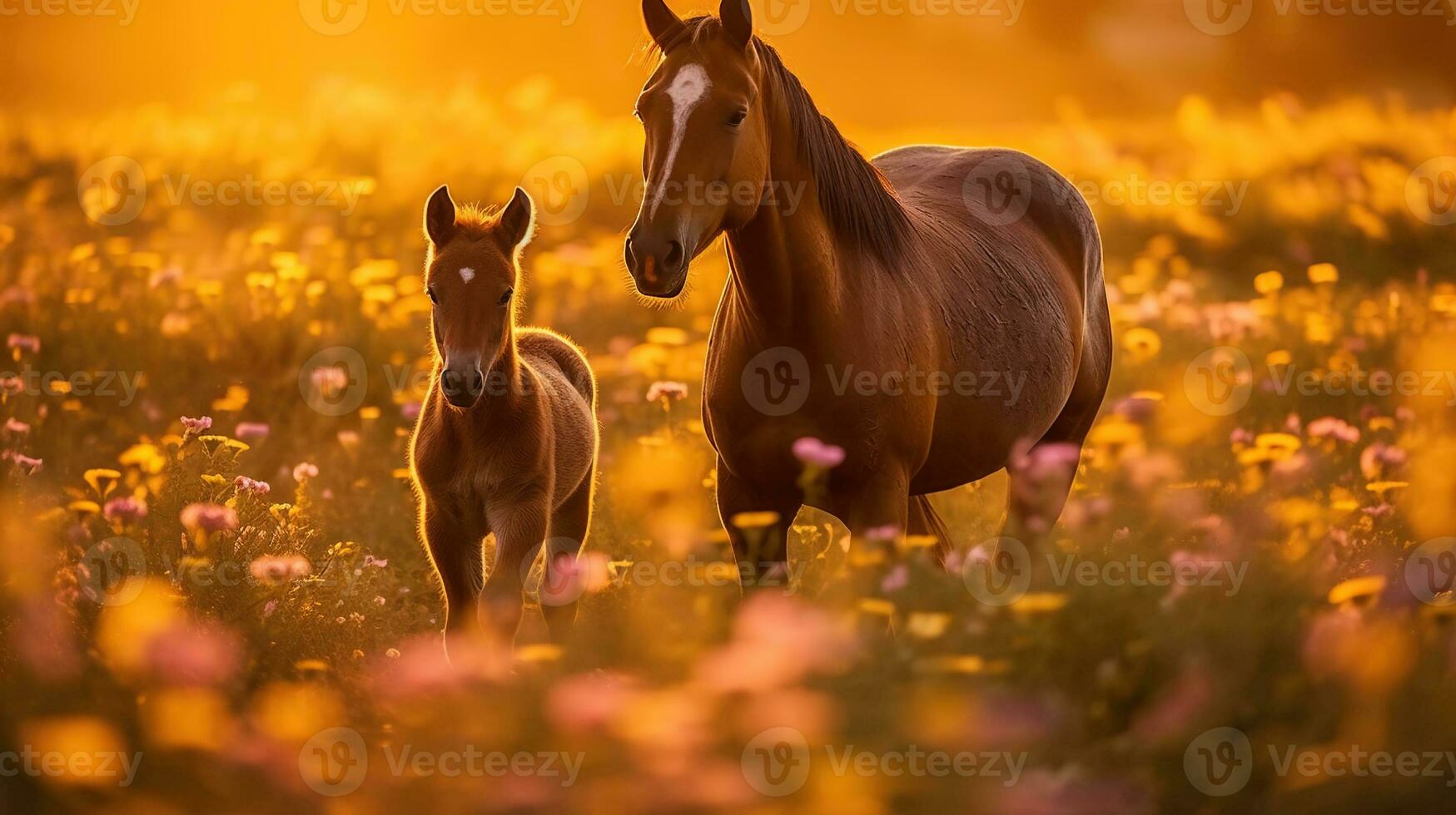 A mare and its baby horse in a field of flowers, in the style of golden light, Generative AI photo