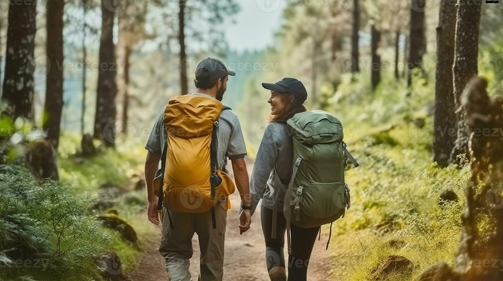 A Delightful Journey of Smiling Hikers in Casual Attire Exploring the Forest Path. Generative AI photo