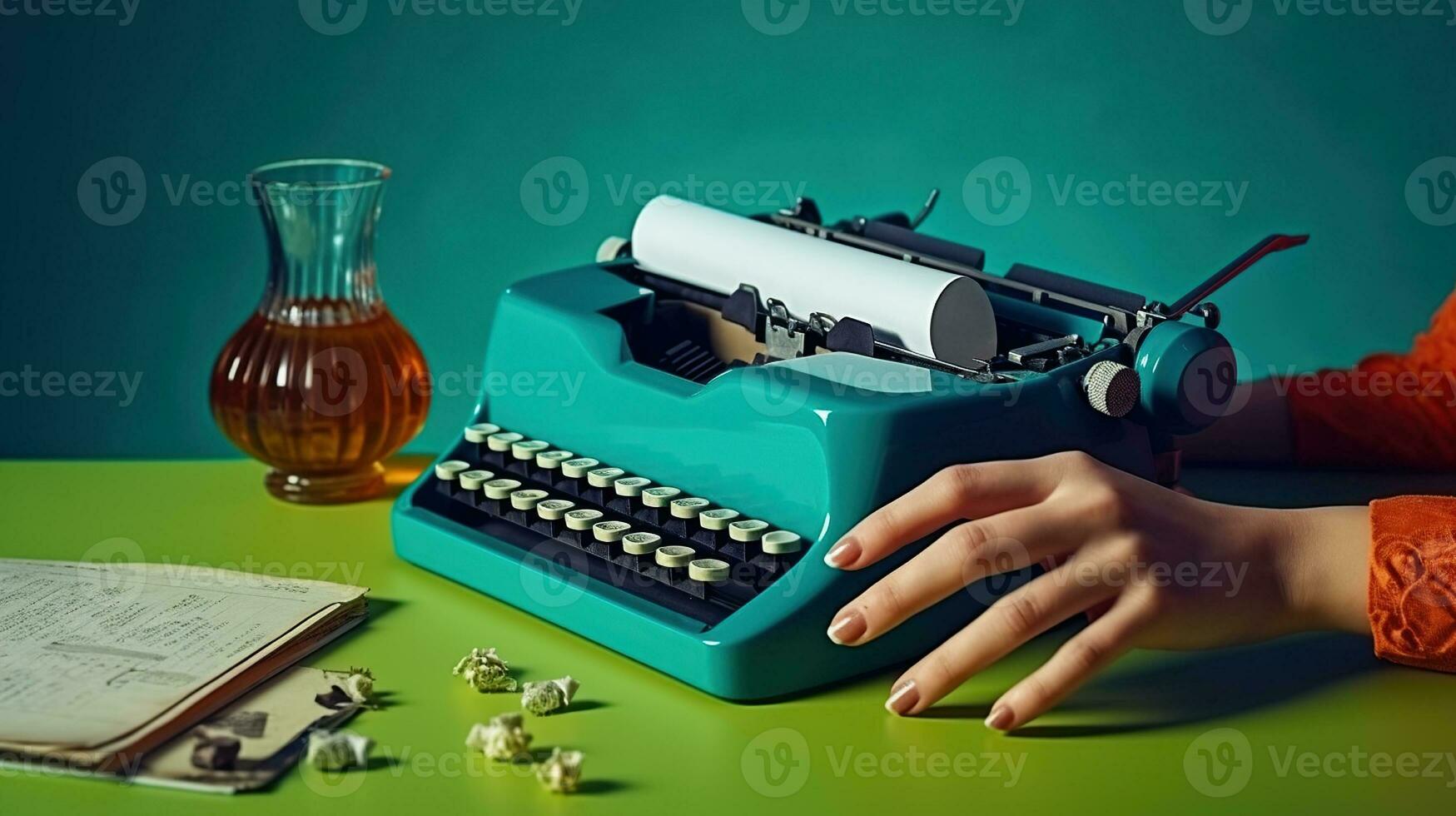 Anonymous person at table with glass of wine and old typewriter. Generative AI photo