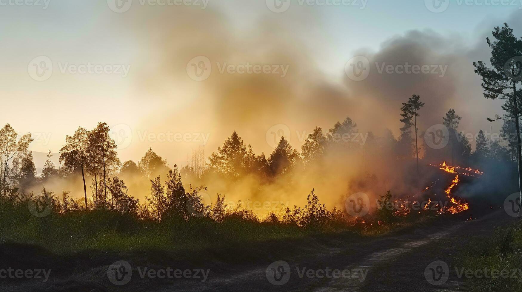 Countryside forest with cloudy sky covered by fire smoke during the evening, Generative AI photo