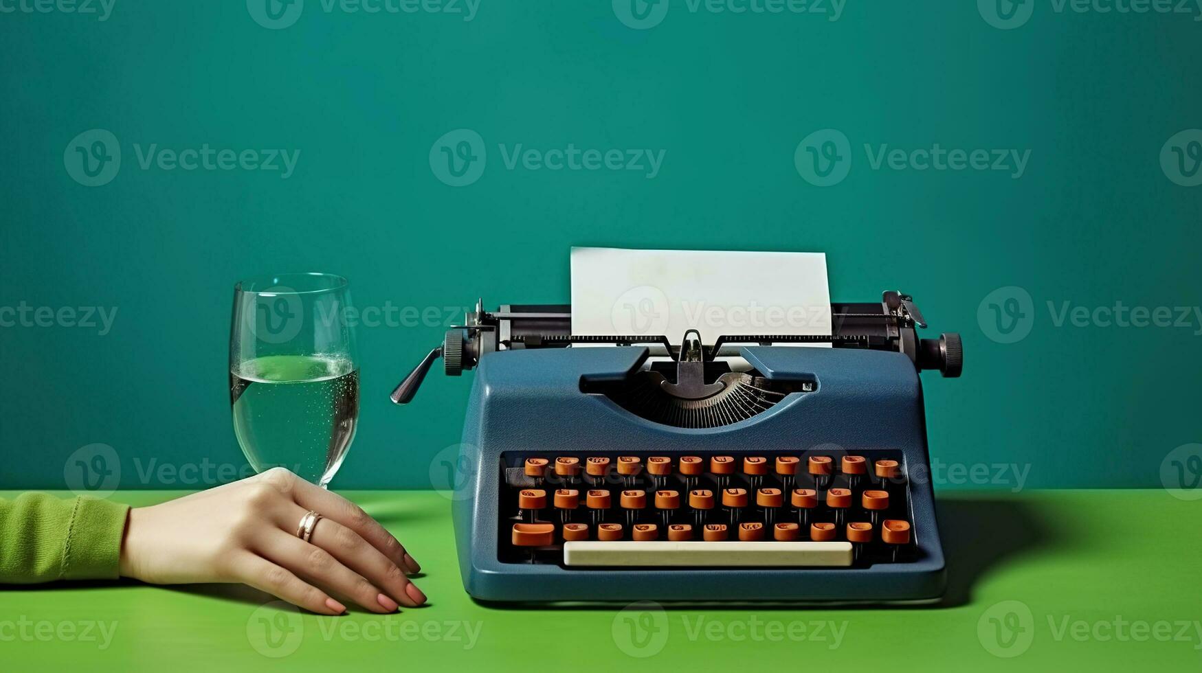 An Anonymous Figure at a Table, Savoring Wine and Creating Magic with an Old Typewriter, Against a Striking Dual-Colored Background. Generative AI photo