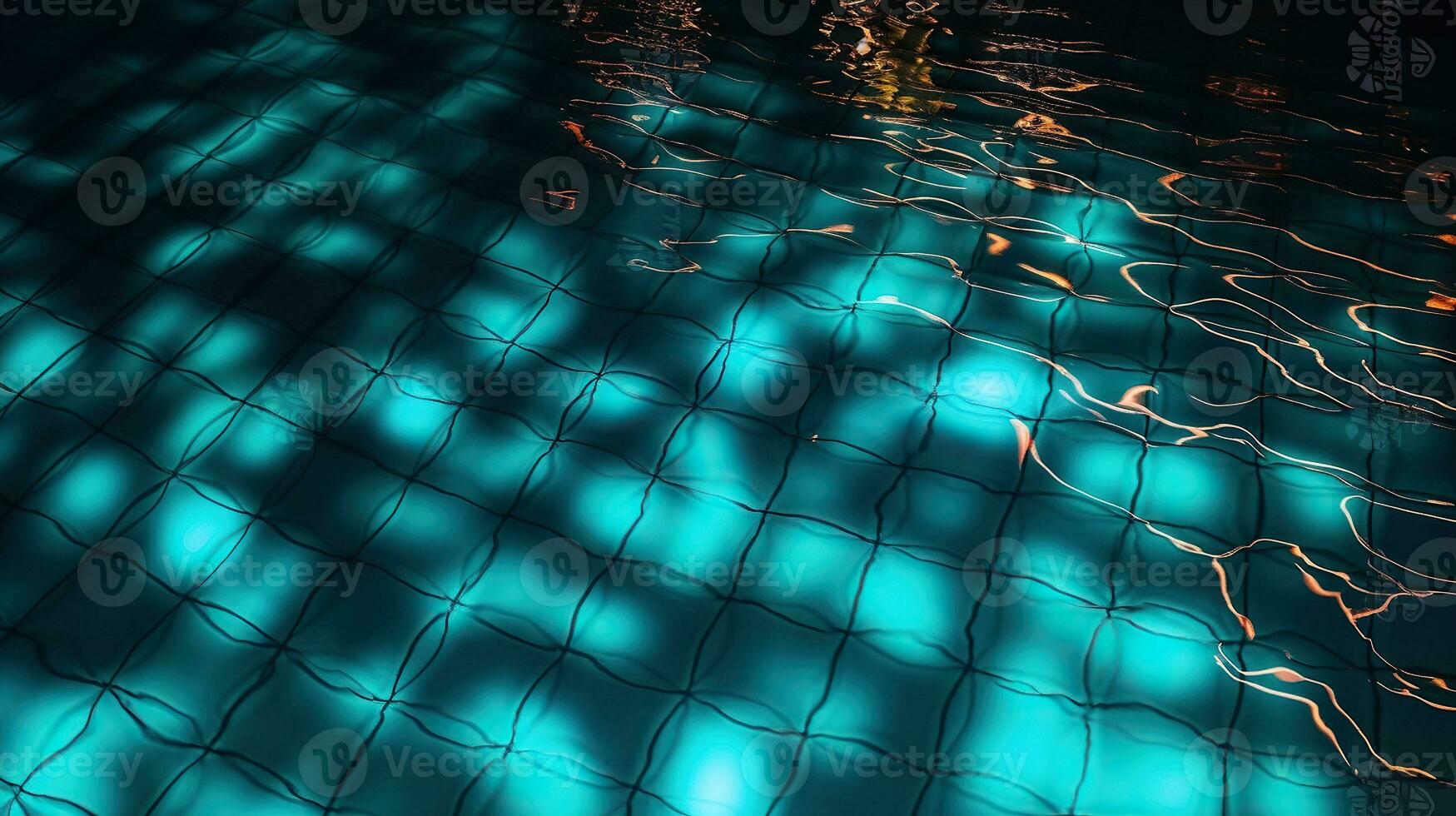 fascinante parte superior ver de brillante luces bailando en el agua superficie en un nadando piscina, generativo ai foto