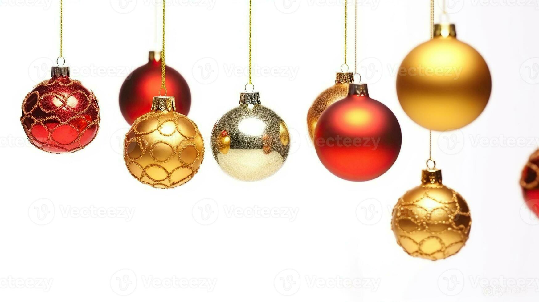 Christmas balls hanging over white background. Generative AI photo