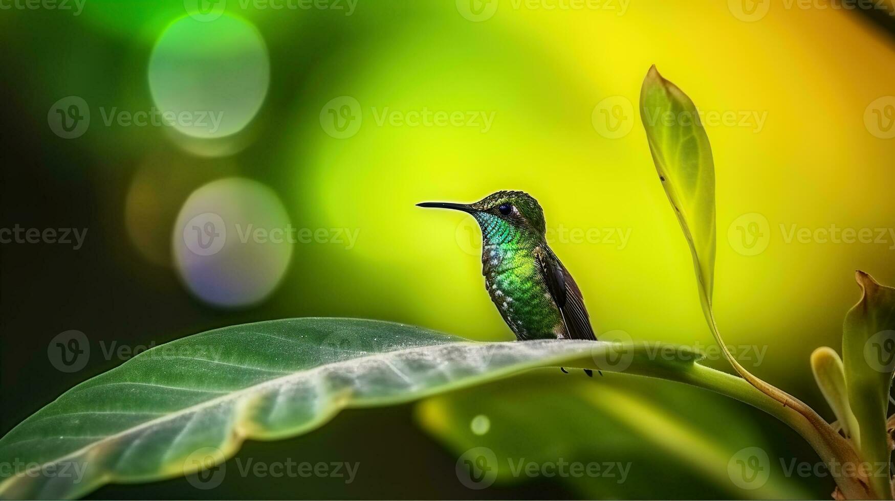 Small colibri sitting on green leaf on blurred background of verdant foliage. Generative AI photo