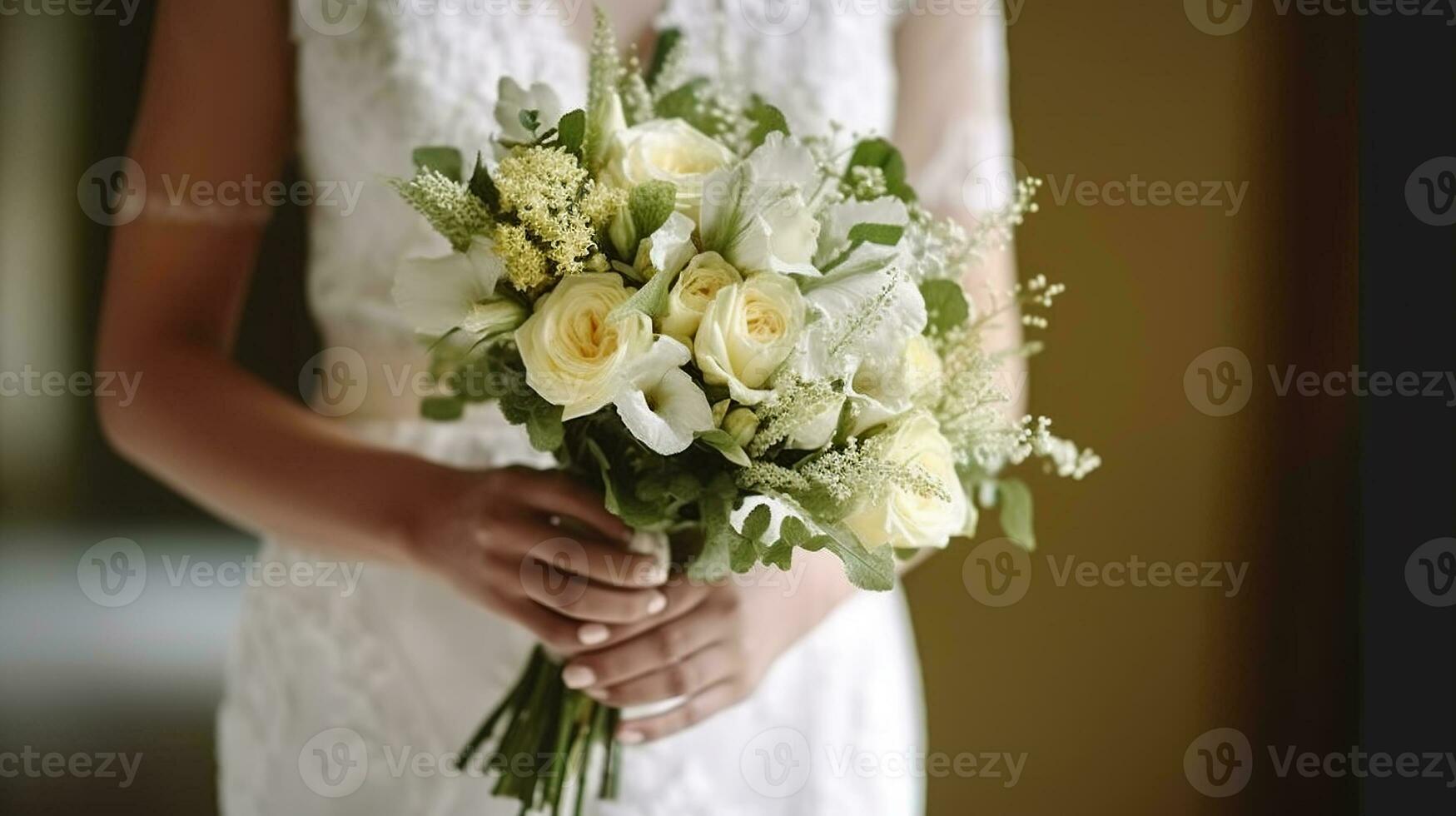 Unrecognizable woman in lace wedding dress holding a beautiful green bouquet with white and yellow roses on a blurred background. Generative AI photo