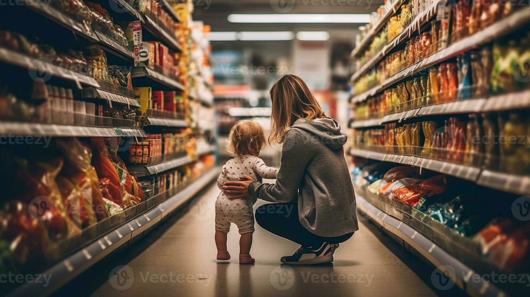 A young mother and her baby with a grocery cart choose food on a supermarket shelf. The concept of shopping and parenting. Generative AI photo