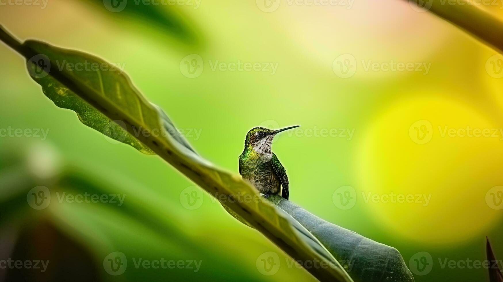 Small colibri sitting on green leaf on blurred background of verdant foliage. Generative AI photo