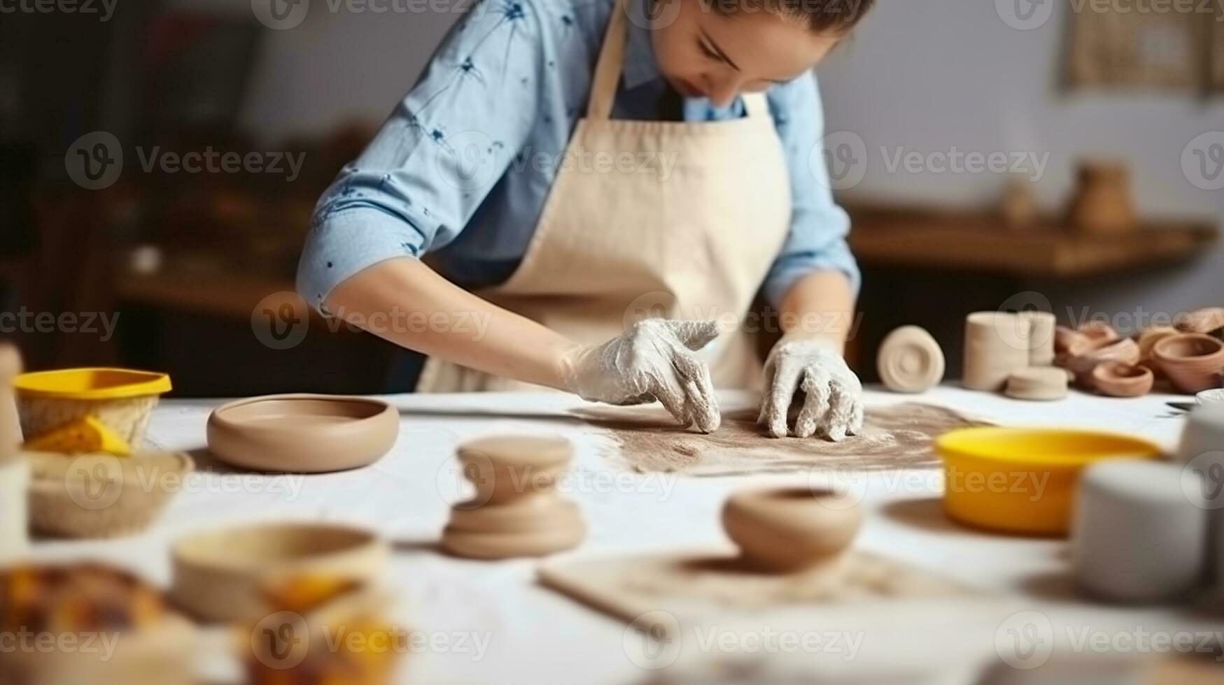 Female artisan in apron sitting at table and rolling clay slab with pin while creating earthenware during pottery class, Generative AI photo