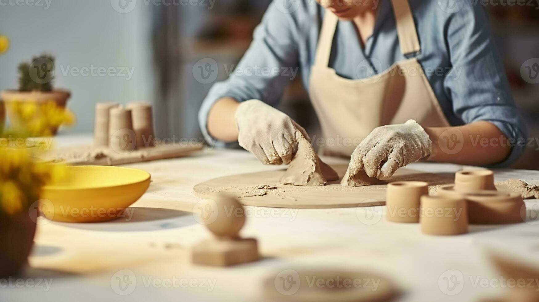 Cropped unrecognizable female artisan in apron sitting at table and rolling clay slab with pin while creating earthenware during pottery class, Generative AI photo