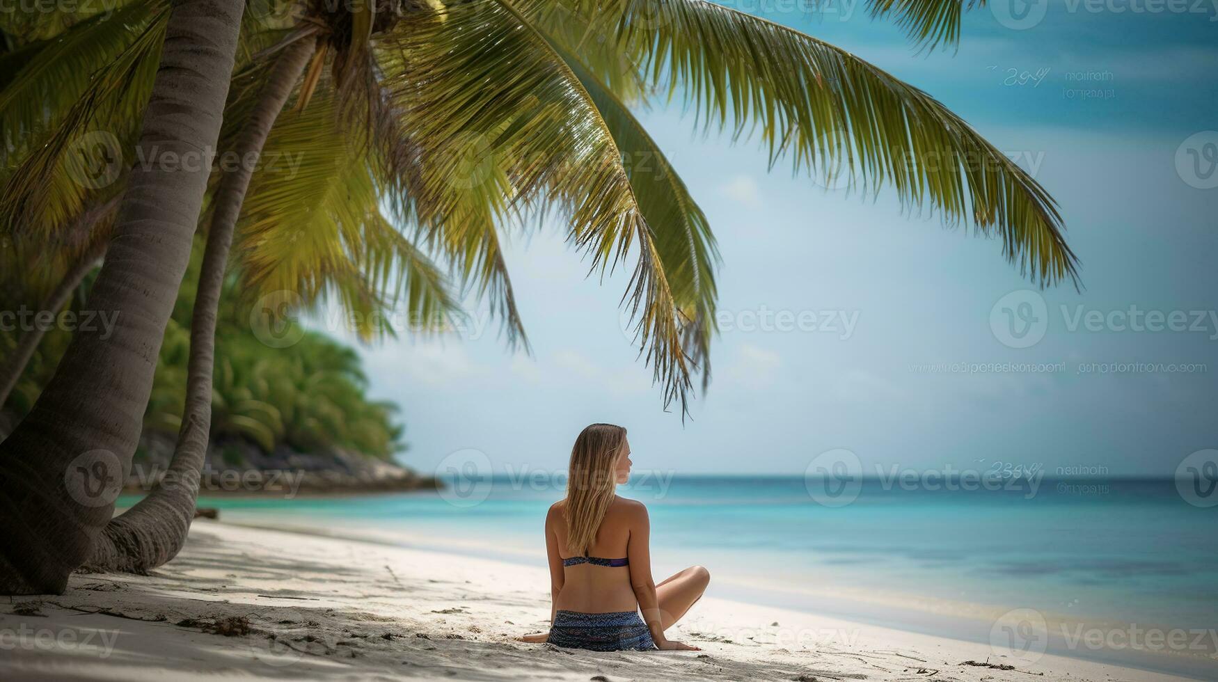 The Beach Beckons, Inviting a Young Woman to Rest and Rejuvenate Amidst the Allure of Tropical Coconut Trees. Generative AI photo