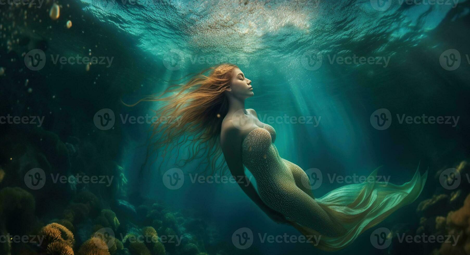 Beautiful mermaid swimming underwater. Generative AI photo