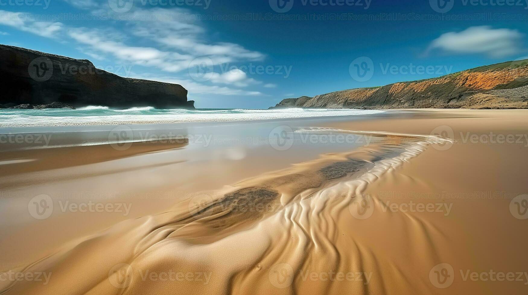 A sandy beach with waves coming in from the water and a cliff in the distance with a blue sky. Generative AI photo