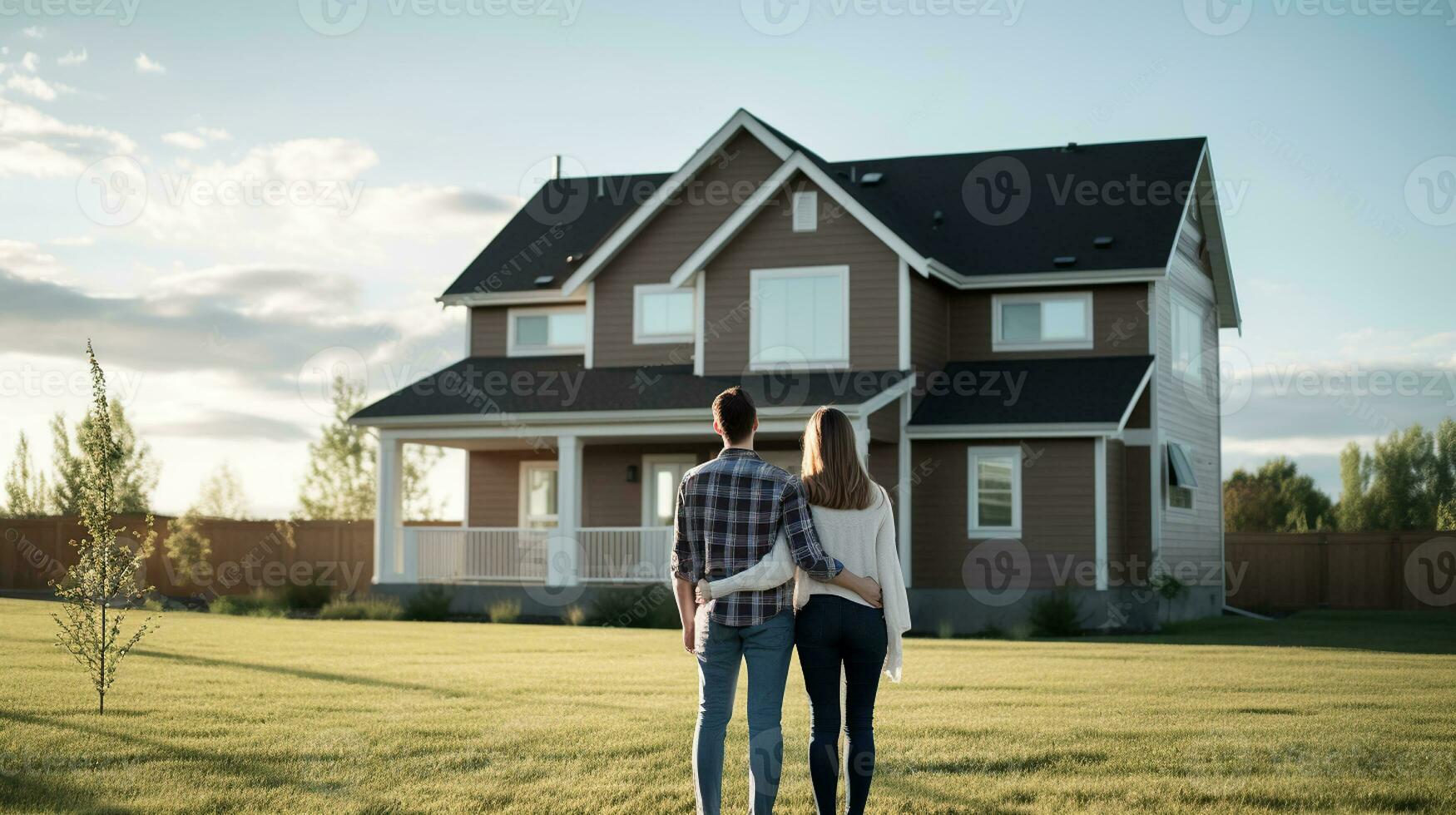 joven familia mirando a su nuevo hogar en pie con su espaldas, real inmuebles compra, inversión concepto. generativo ai foto