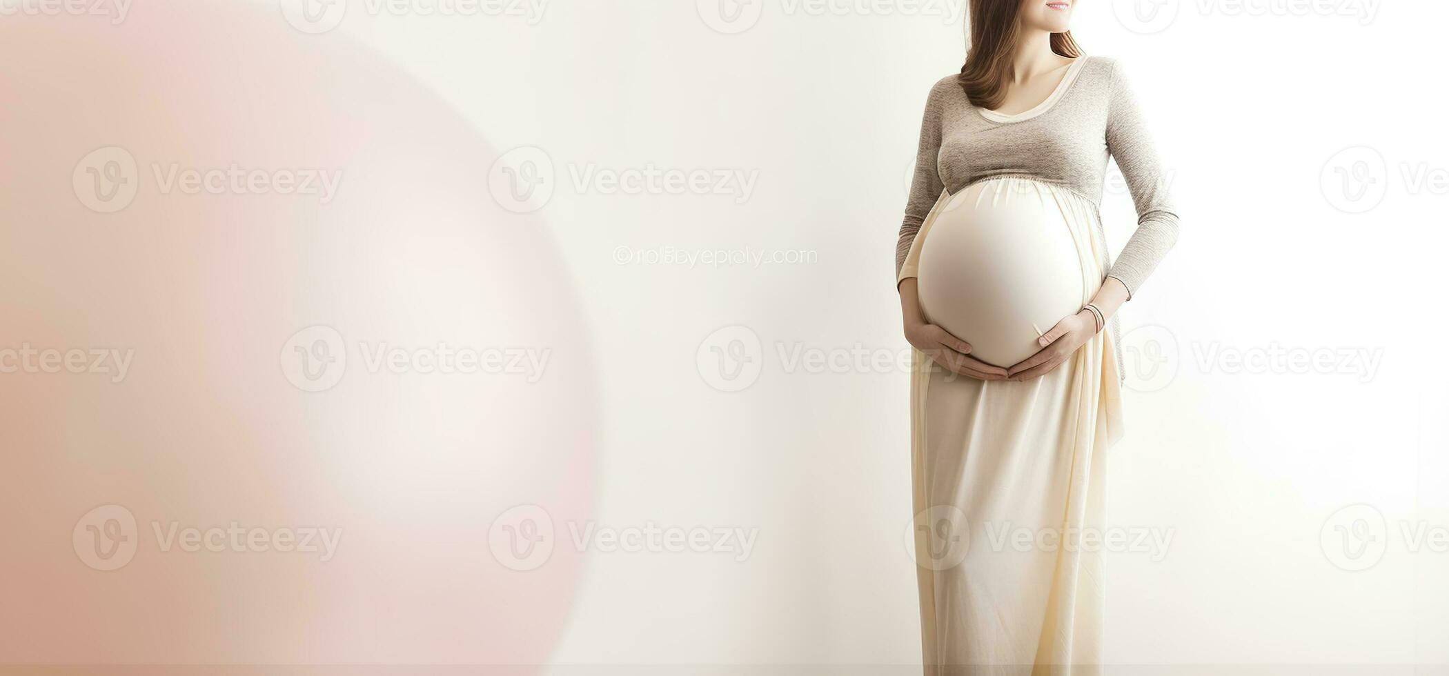 Beautiful pregnant woman with pink belly, in the style of nostalgic minimalism, light silver and beige, Generative AI photo