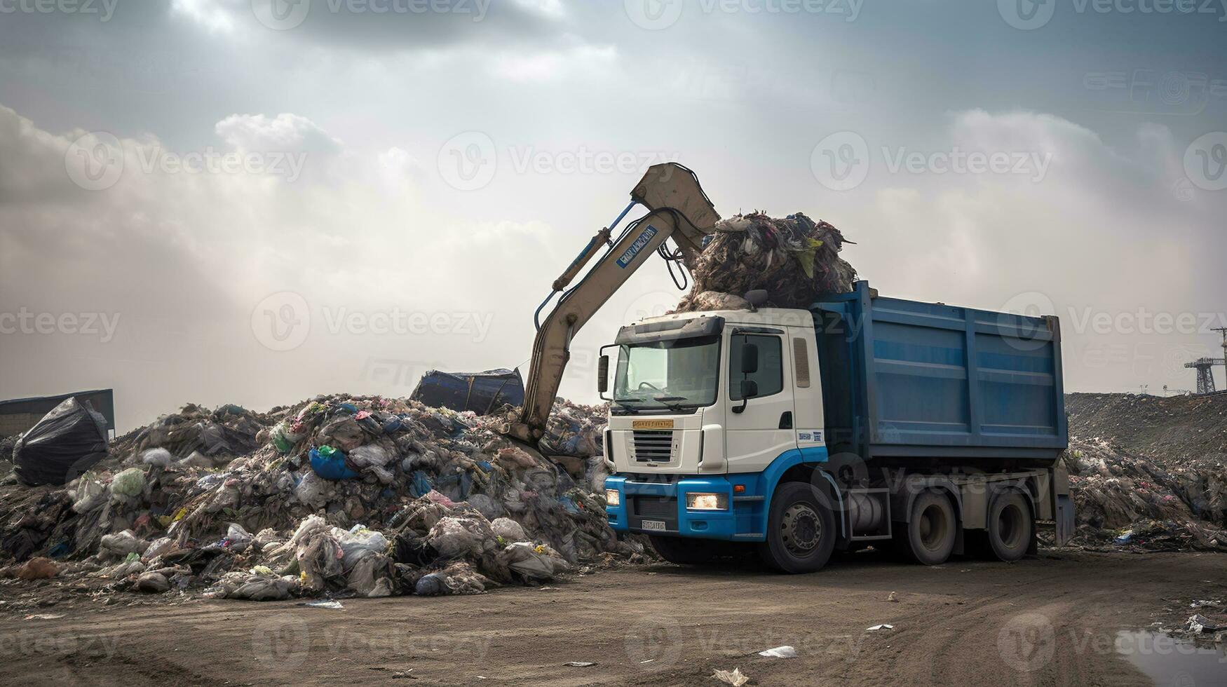 A truck picks up garbage from garbage dump, Generative AI photo