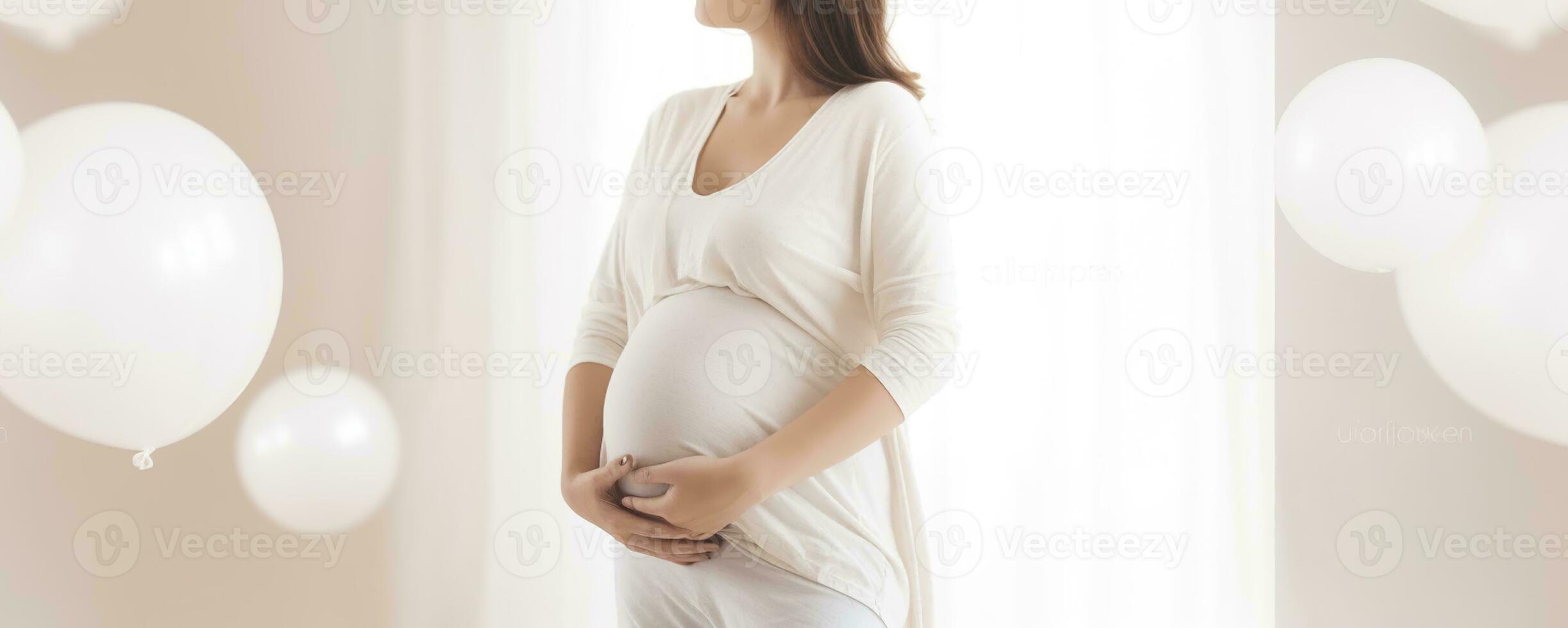 Young pregnant woman in neutral tone, in the style of shaped canvas, light white, high-key lighting, Generative AI photo