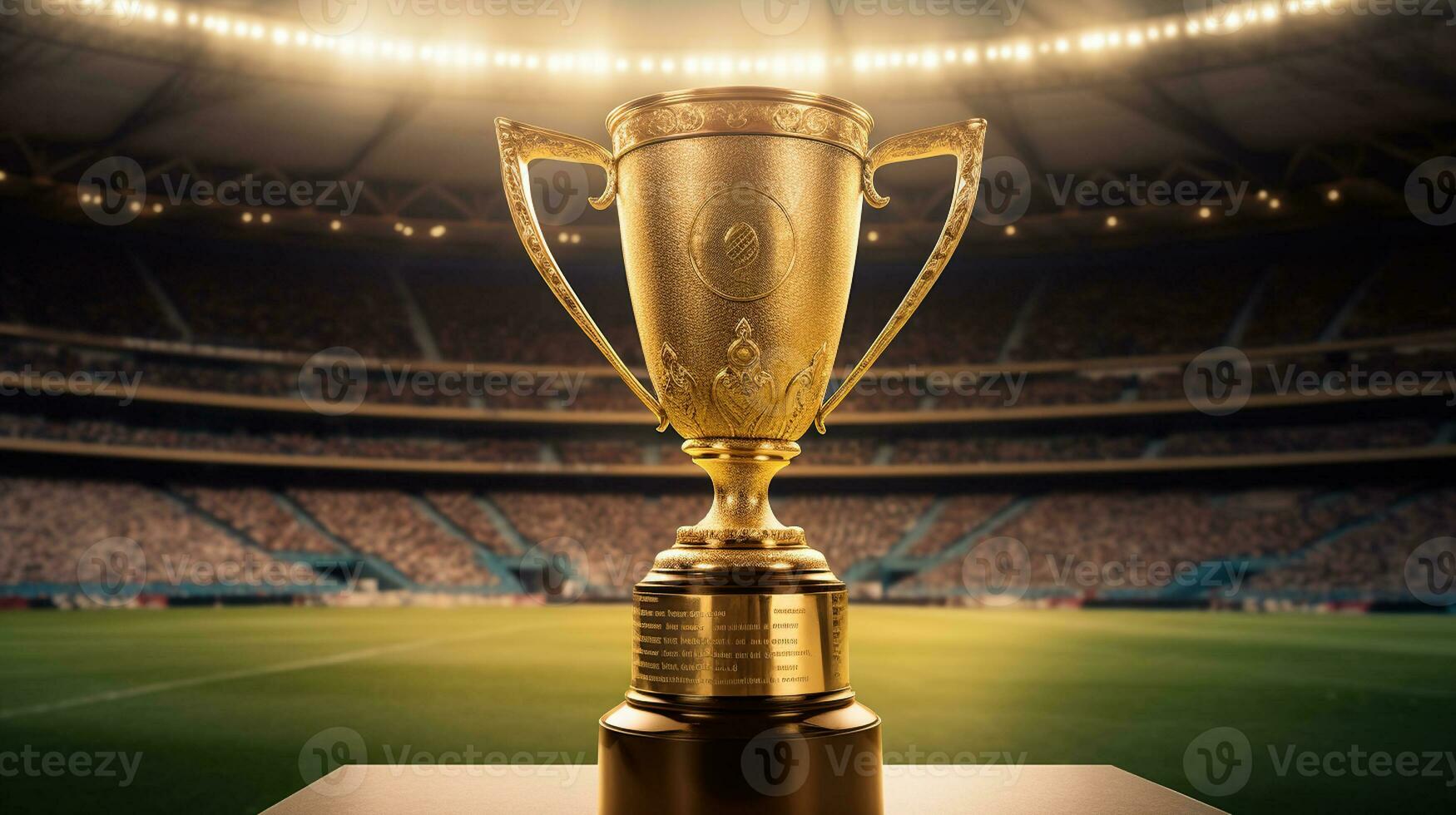 The Champion's Gold Cup Stands Tall as the Exalted Prize in the Football Stadium. Generative AI photo