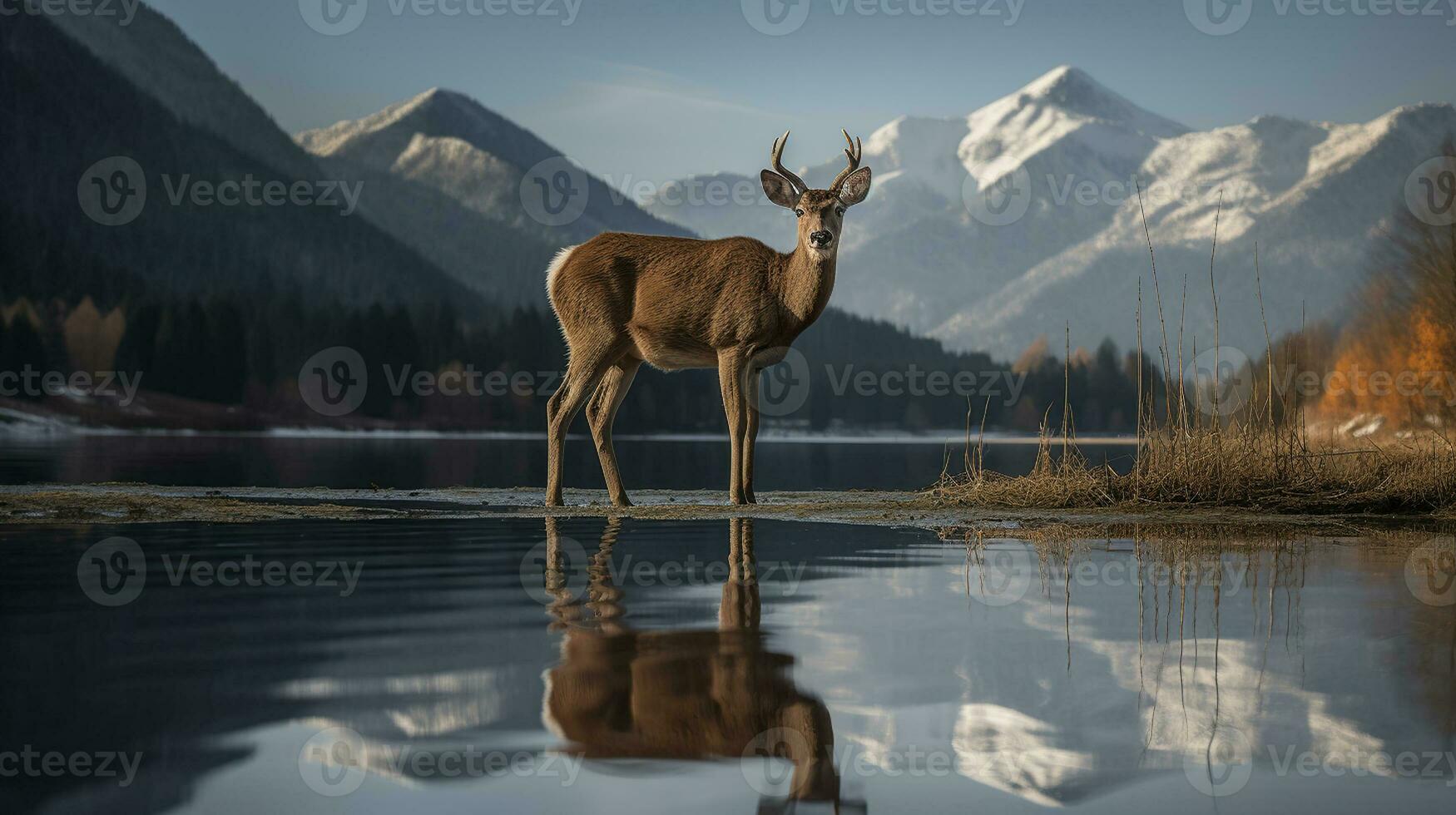 A deer standing in front of a mountain lake with a reflection of it's antlers in the water and a mountain range in the background with snow capped peaks in the background. Generative AI photo