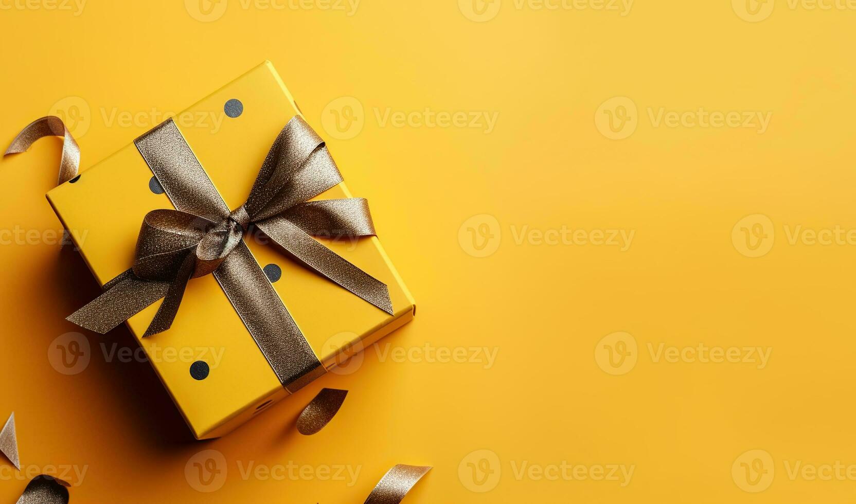 Gift box with golden satin ribbon and bow on yellow background. Holiday gift with copy space. Birthday or Christmas present, flat lay, top view. Christmas gift box concept. Generative AI photo