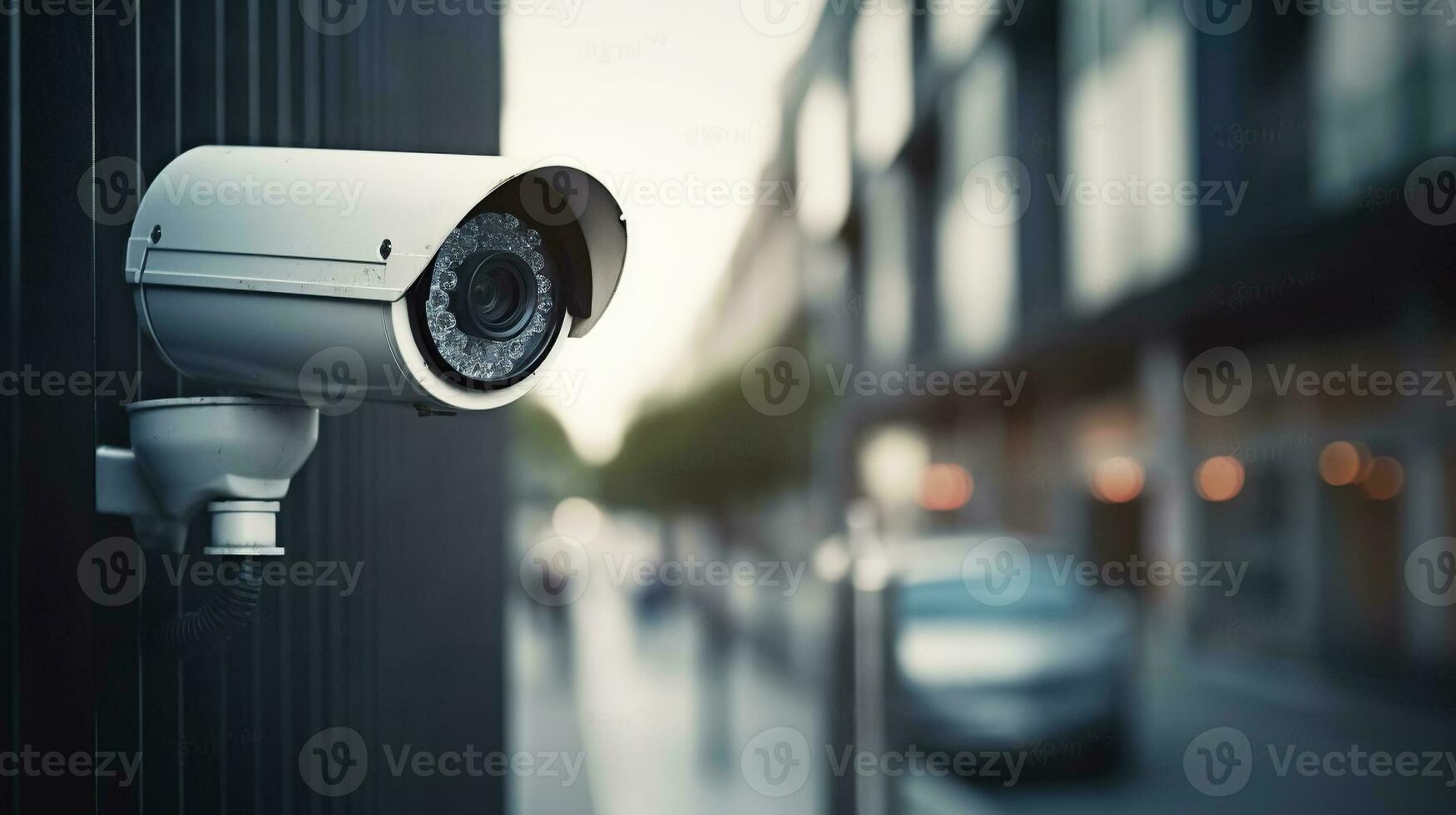 Security camera on modern building. Professional surveillance cameras. CCTV on the wall in the city. Video equipment for safety system area control outdoor. Generative AI photo
