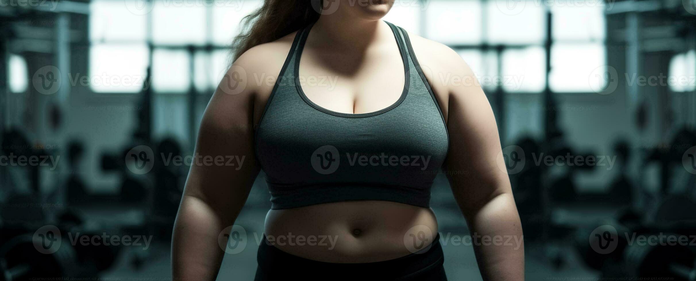 Overweight woman in a gym. Body positive concept. Generative AI photo