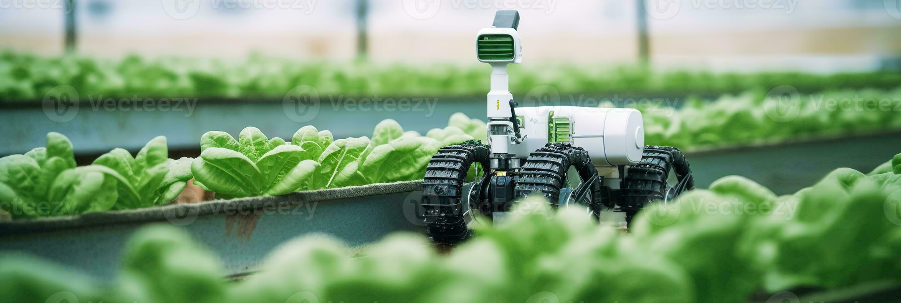 Robotic efficient farming taking over in watering and agriculture industry. copyspace area. Generative AI photo