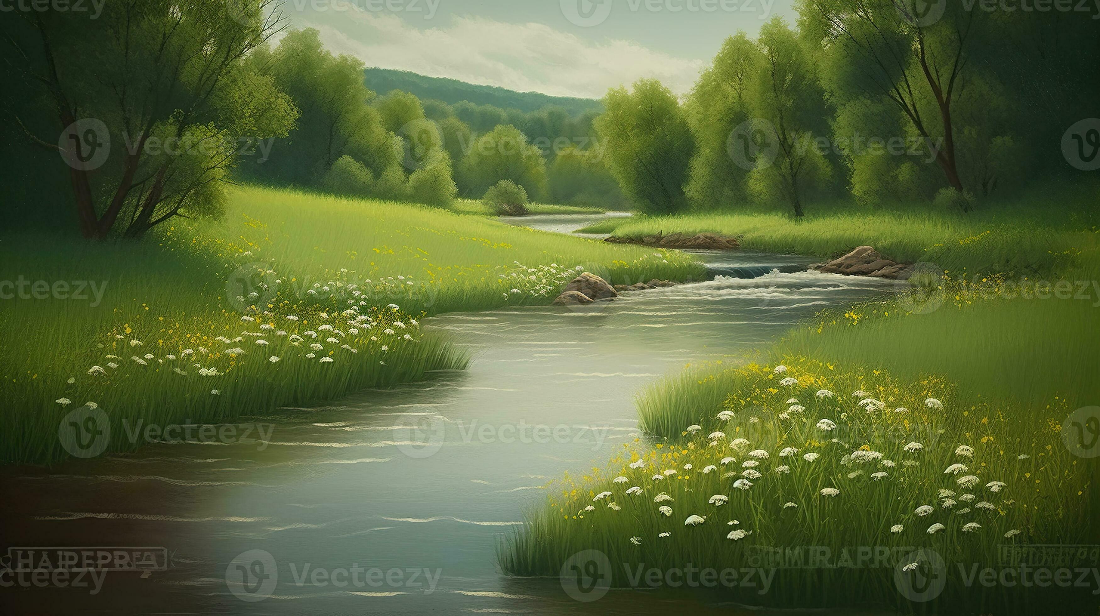 Tranquil Flow, A River Gracefully Winding through a Lush Green Meadow