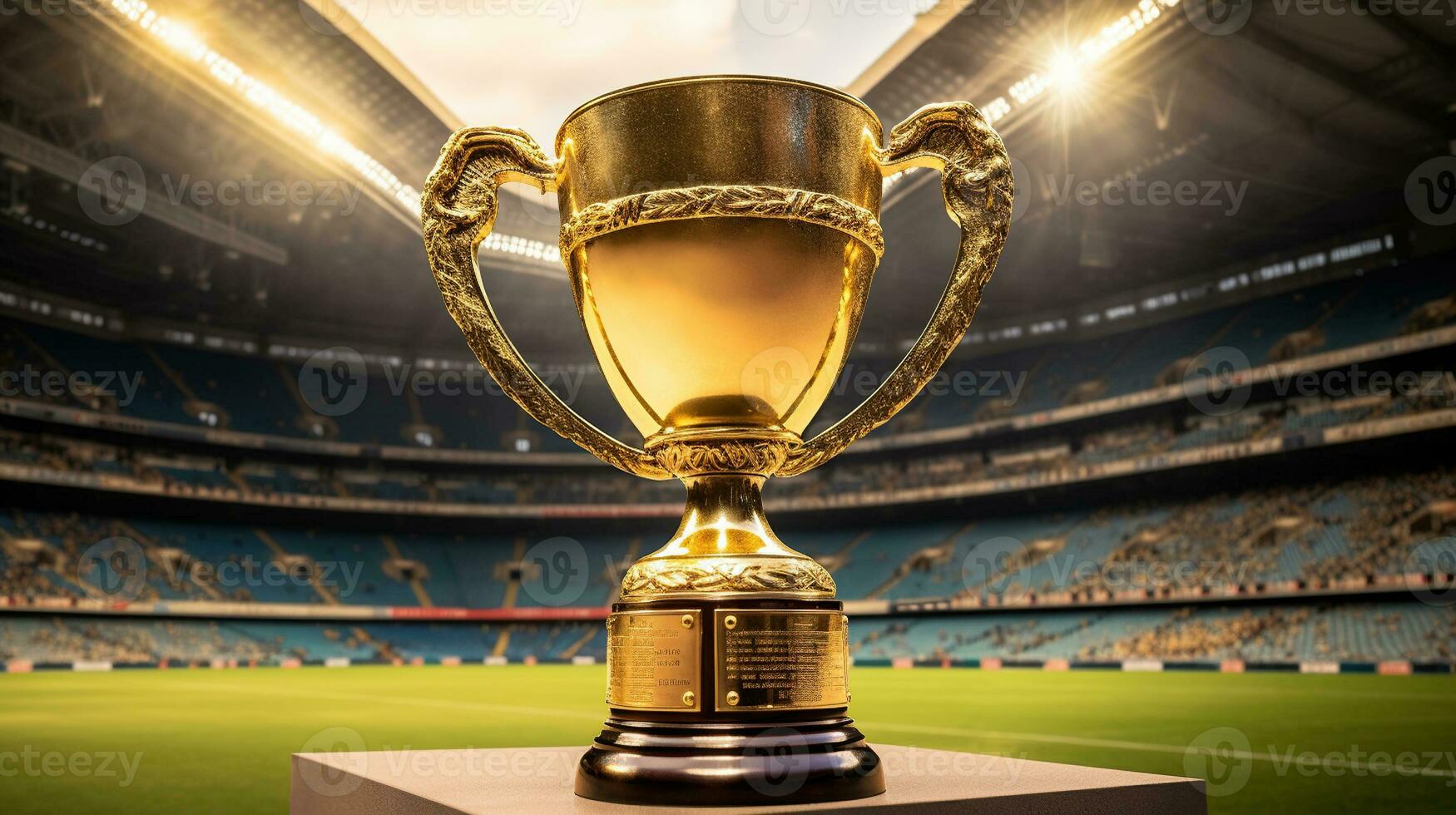 Champion gold cup in football stadium, winner award. Generative AI photo