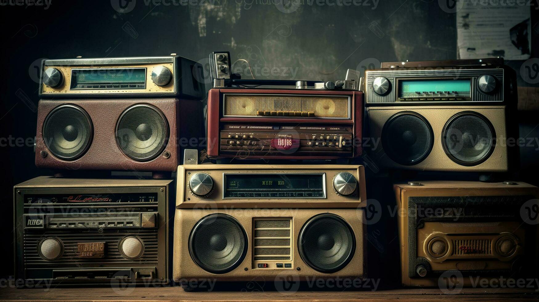 Vintage radio boomboxes lining the wall from the 1980s, Generative AI photo
