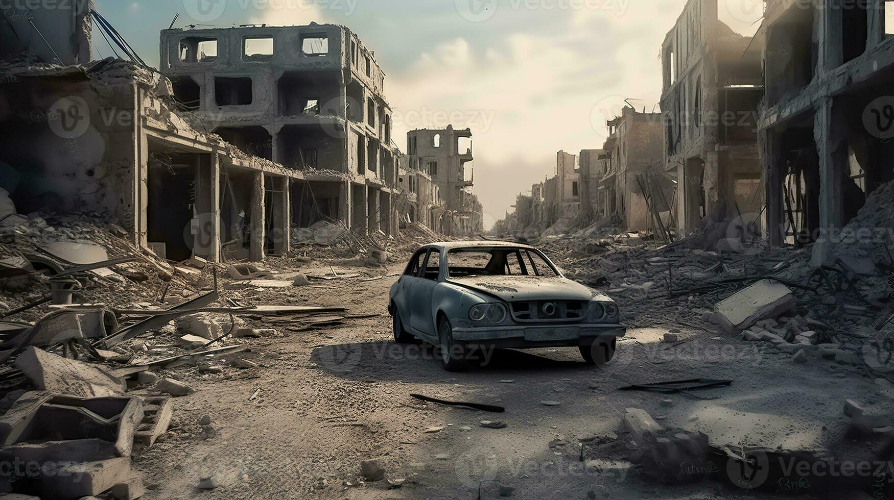 A destroyed car stands among the ruins of houses in a war-torn city, Generative AI photo