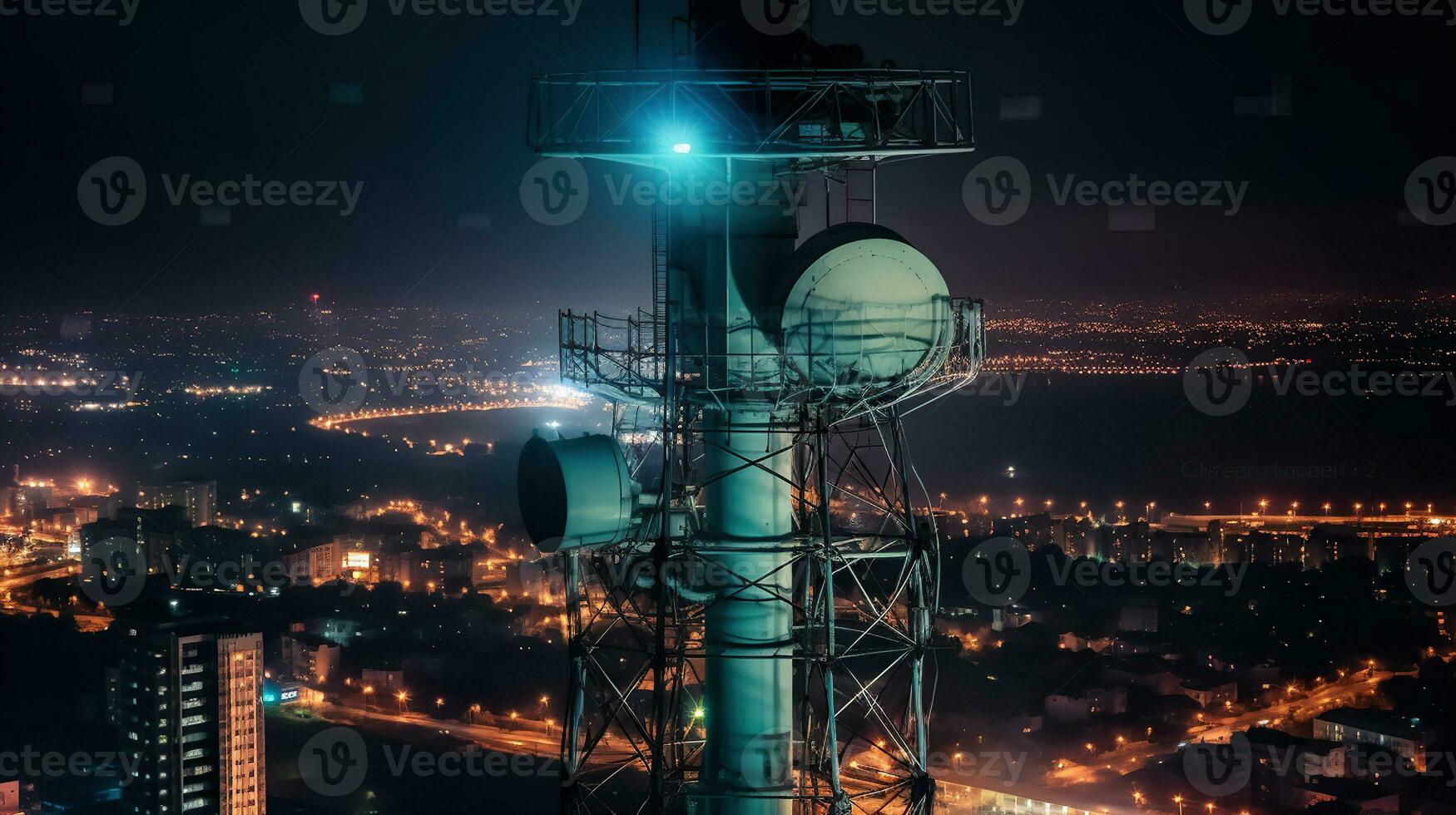 Communications tower, Antenna for the 5G cellular network atop a in a nighttime metropolis. Generative AI photo