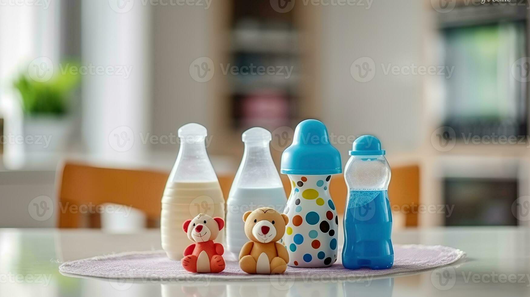 Cuddles and Sips, Baby Milk Bottles and Toys Create a Sweet Atmosphere in the Kitchen. Generative AI photo