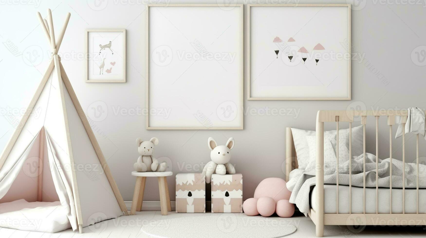 White wall with an empty vertical picture frame in a contemporary kids' room. Bed and toys cozy space for children. Generative AI photo